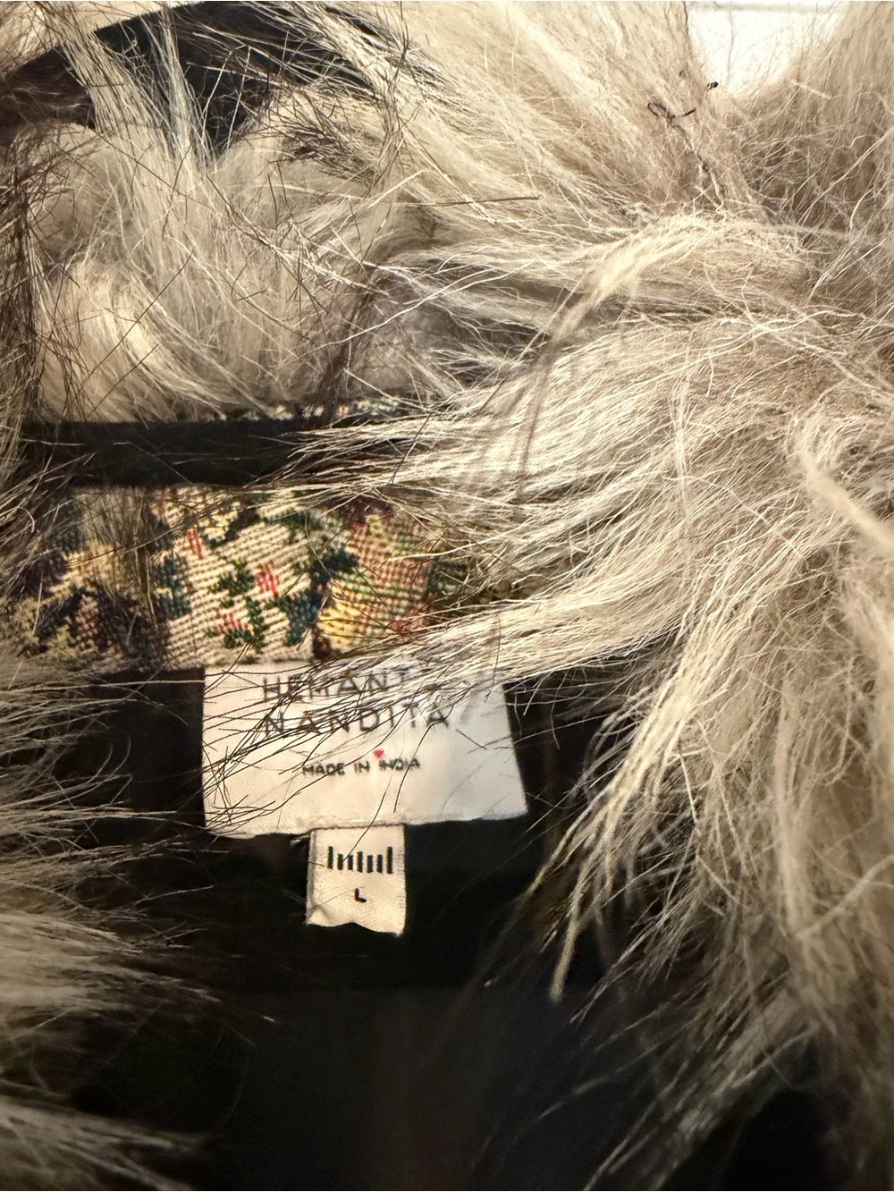 HEMANT & NANDITA Floral Belted Cape with Faux-Fur Trim - Beige Multi - Picture 7 of 7
